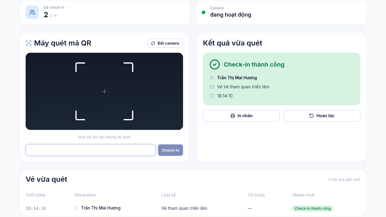 Thông báo check-in thành công với tên người tham dự