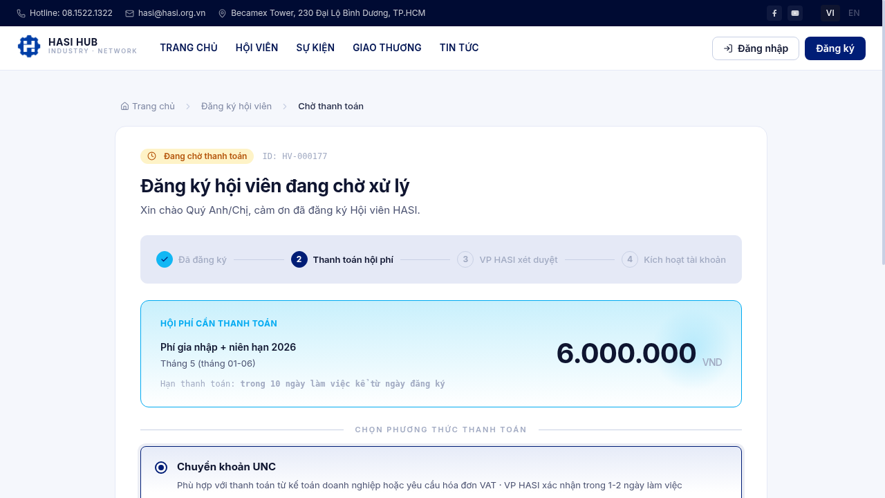 Trang chờ thanh toán với các bước xử lý và phương thức thanh toán