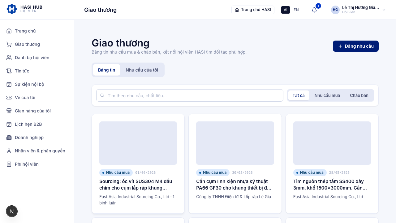 Bảng tin Giao thương với ô tìm kiếm và các thẻ nhu cầu mua từ nhiều doanh nghiệp