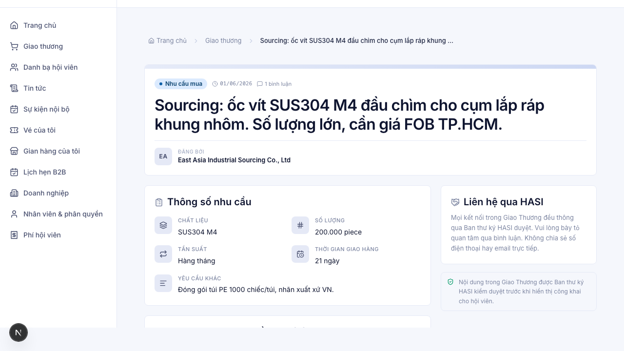 Trang chi tiết nhu cầu và hộp Liên hệ qua HASI nhắc nhở quy định bảo mật thông tin