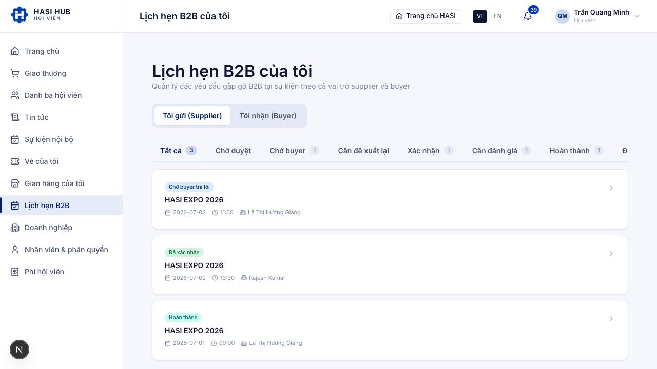 Trang Lịch hẹn B2B với tab Tôi gửi (Supplier), danh sách gồm lịch hẹn Đang diễn ra và Hoàn thành