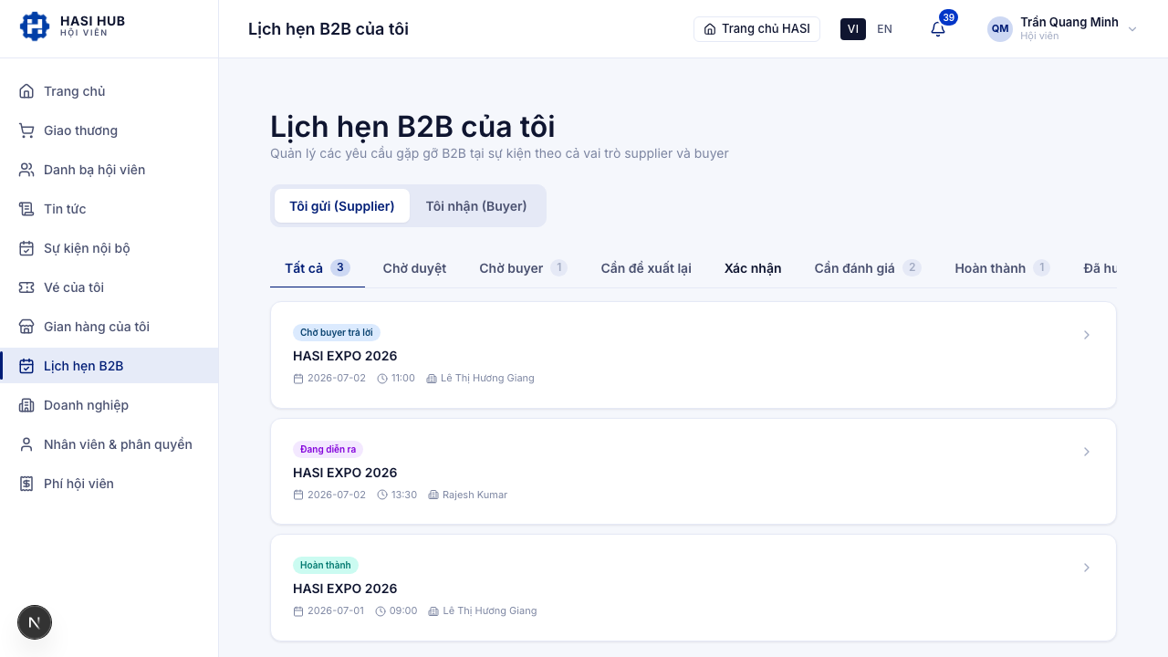 Trang Lịch hẹn B2B với tab Tôi gửi hiển thị danh sách lịch hẹn sau khi check-in hoàn tất