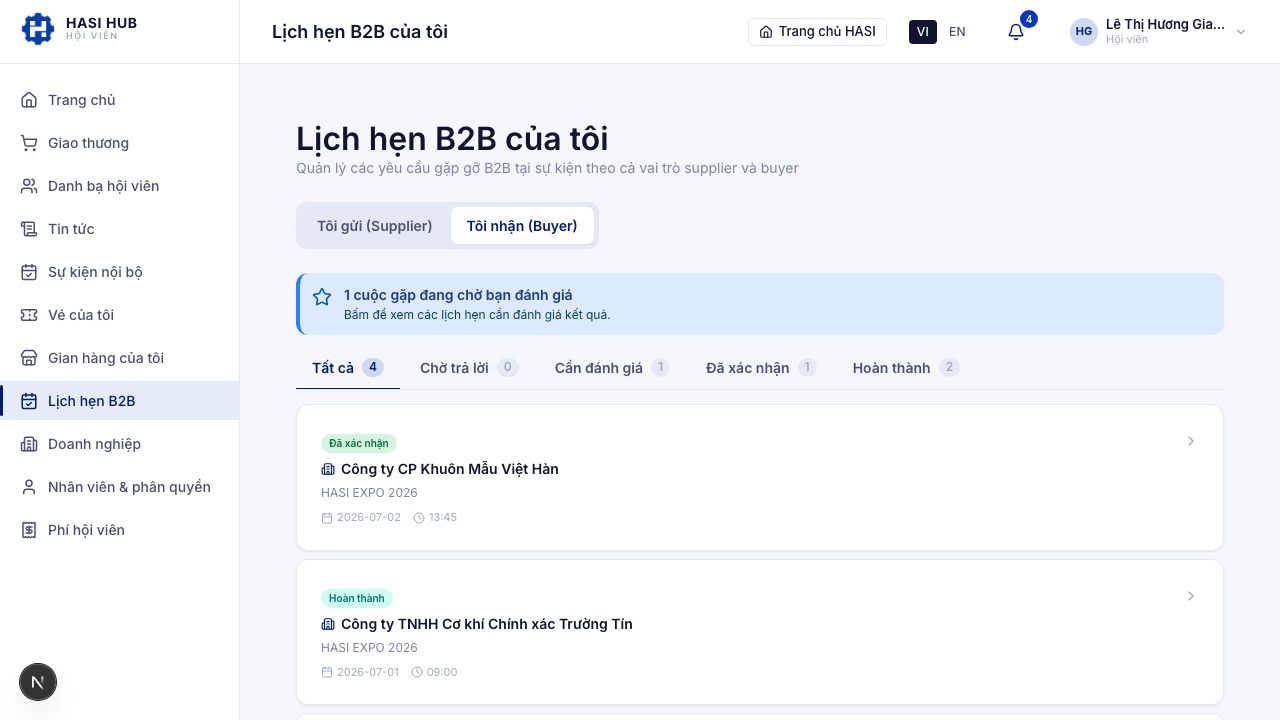 Các thẻ yêu cầu lịch hẹn B2B kèm nhãn trạng thái