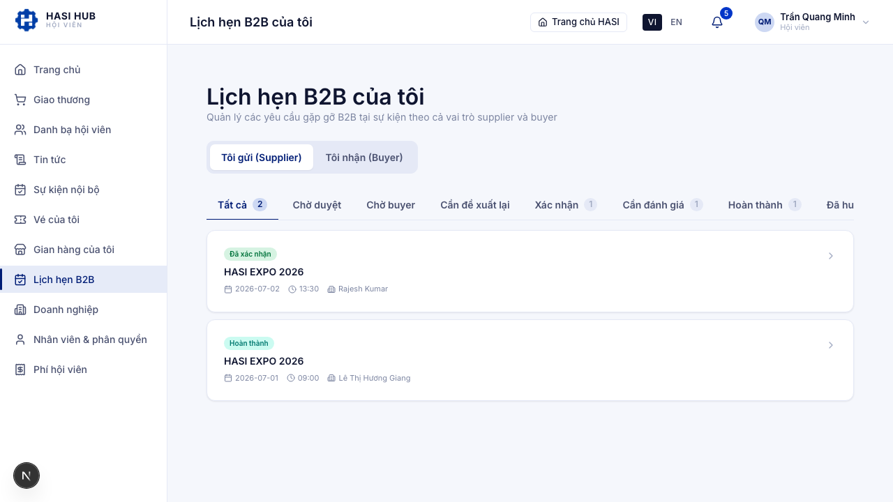 Danh sách lịch hẹn B2B phía nhà cung cấp với các tab trạng thái
