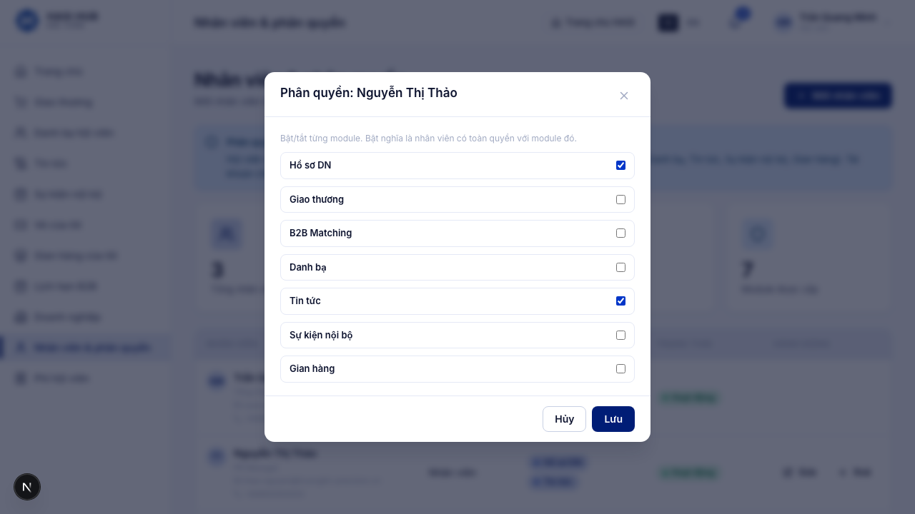 Modal Phân quyền với danh sách checkbox 7 module: Hồ sơ DN, Giao thương, B2B, Danh bạ, Tin tức, Sự kiện, Gian hàng