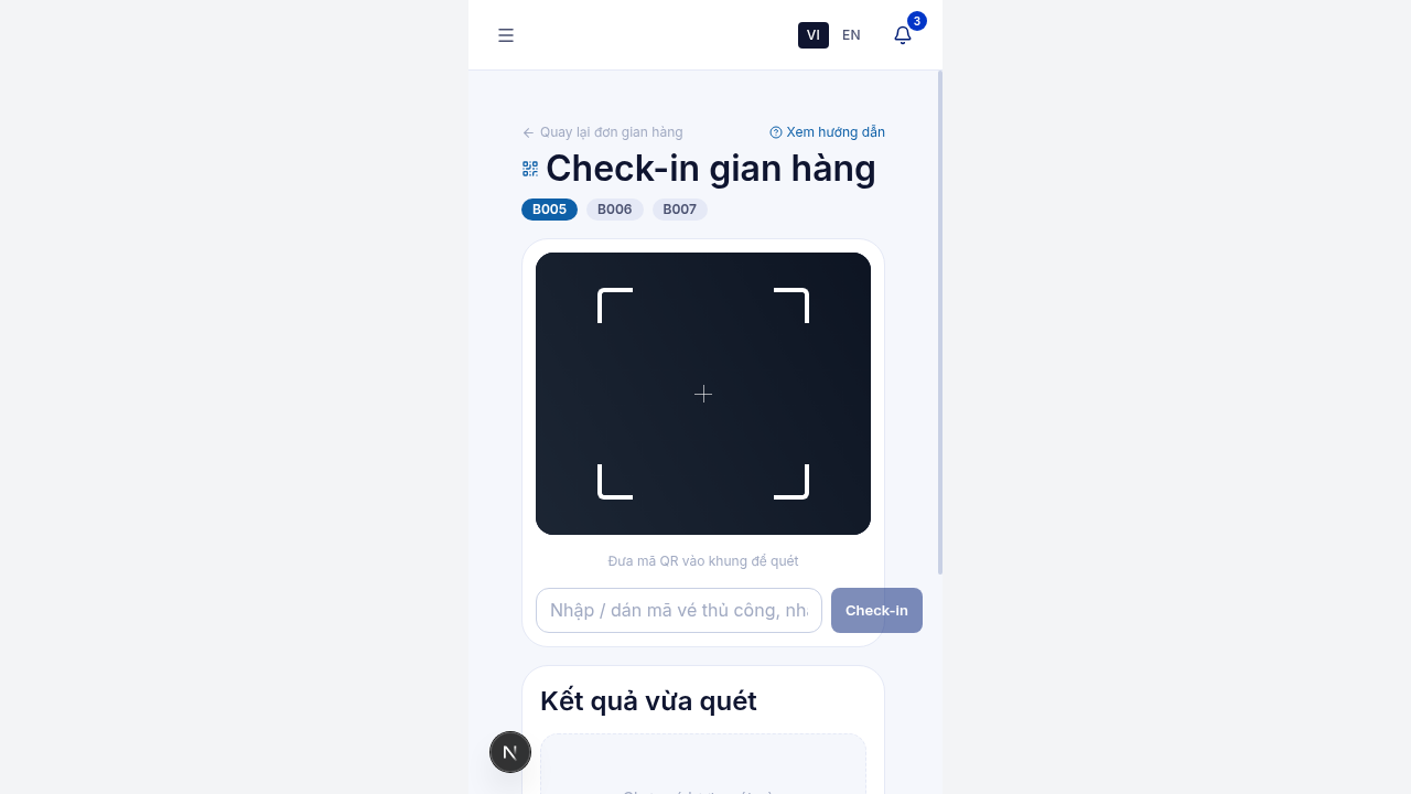 Màn hình check-in tại gian hàng trên điện thoại với gian hàng đã chọn